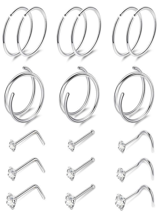 LOREMOW 22G 18Pcs G23 Titanium Nose Rings Hoops for Sensitive Skin Double Nose Rings L Shaped Nose Studs Hypoallergenic Nose Piercings Jewelry Silver - Image 1